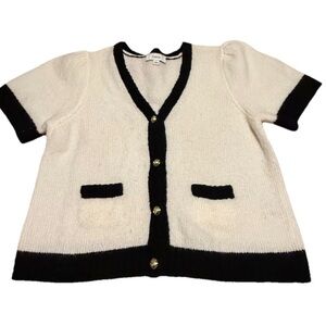CECE Women Short Sleeve Gold Button Cardigan Sweater Sz L White Black Wool Blend
